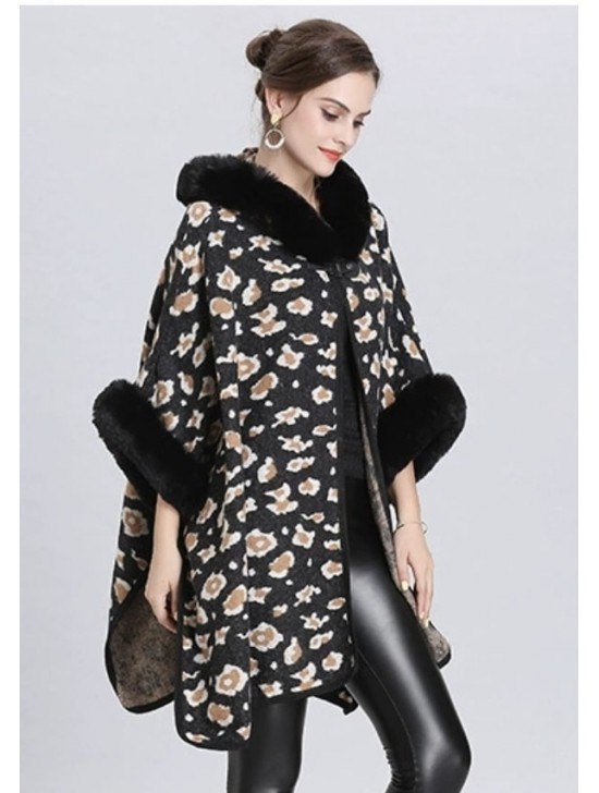 Soft Leopard Print Cape W/ Fur Detailing